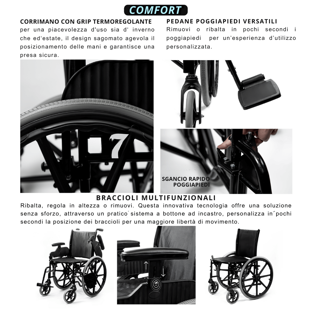 eMedicItalia - Fauteuil roulant pliant automoteur avec accoudoirs amovibles et réglables en hauteur