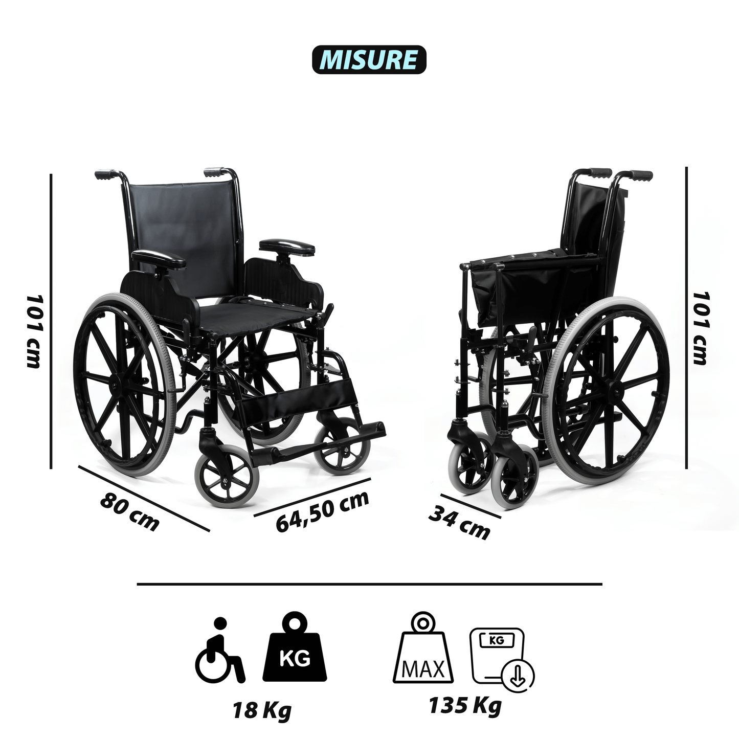eMedicItalia - Sedia a rotelle pieghevole autospinta con braccioli estraibili e regolabili in altezza